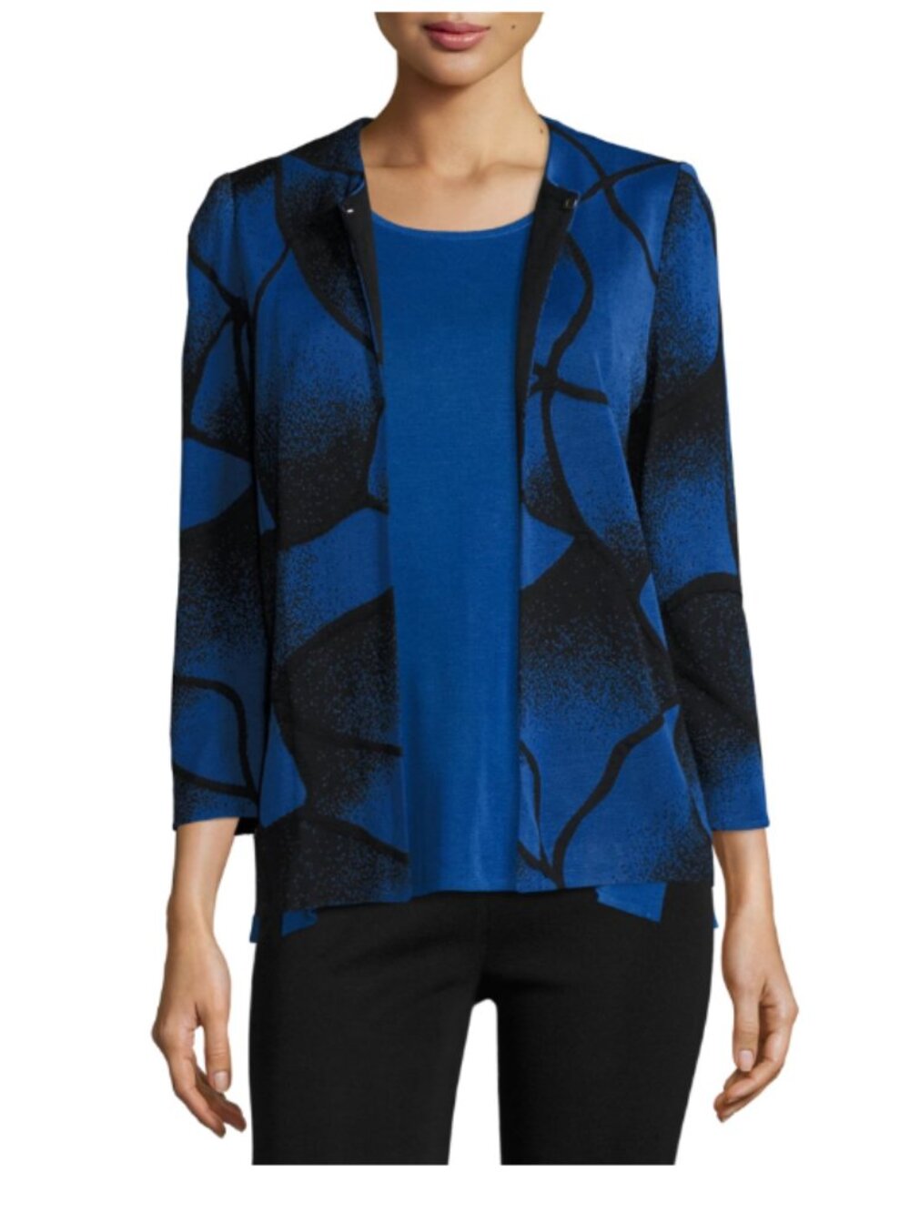 Misook Black and Royal Blue Print Open Front Jacket 3/4 Sleeves Size Medium